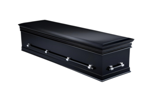 Sleek black coffin with trapezoidal design, layered lid detailing, radiating simplicity and modern minimalist funeral elegance. png