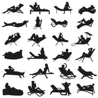 Set of silhouettes of people relaxing on the beach. Possibility of relaxing in any comfortable position. vector