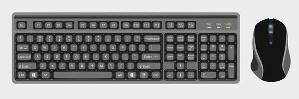 Keyboard and mouse set. Realistic keyboard and mouse in black and white colors with top view. vector