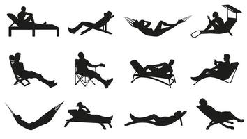 Rest. Relax on the beach. Set of silhouettes of men relaxing on the beach. vector