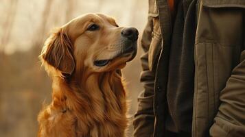 A golden retriever looking up at a person photo