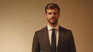 Confident Young Businessman with Beard Posing Against Neutral Background photo