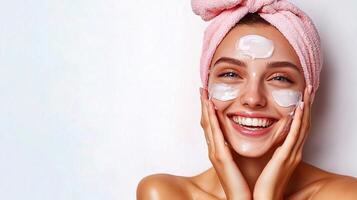 A woman with a towel on her head and a face mask photo