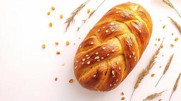 A loaf of bread with wheat and seeds on a white surface photo