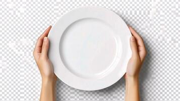 Female hands holding empty plate on transparent background photo