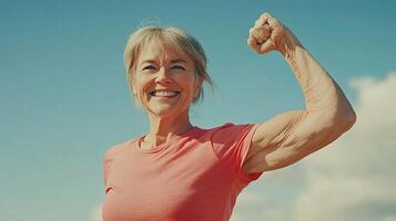 A woman flexing her muscles in the sun photo