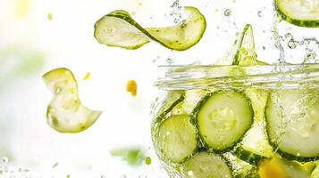 A glass jar filled with cucumbers and water photo