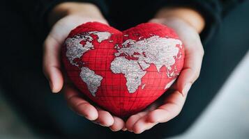 World map heart in hands concept photo