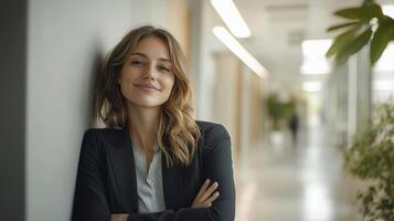 A woman in a business suit leaning against a wall photo