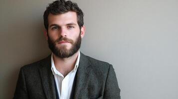 Confident Young Businessman with Beard Posing Against Wall Background photo