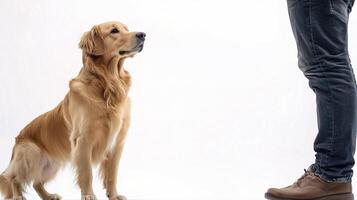 A golden retriever standing next to a person photo