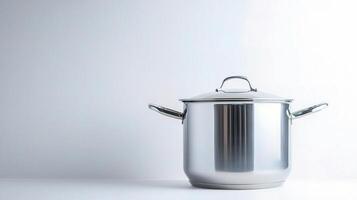 A stainless steel pot on a white surface photo