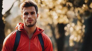 Energetic Man Ready for Action in Outdoor Setting with Warm Light photo