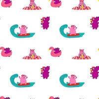 Seamless pattern with cartoon hippos enjoying summer on the beach, engaging in various fun activities like swimming, sunbathing, playing in the sand, and relaxing under umbrellas vector
