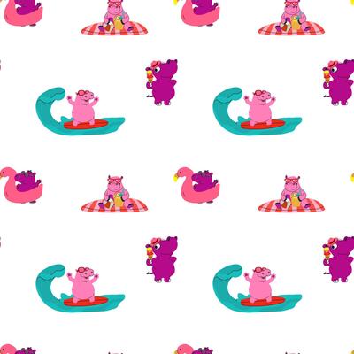 Seamless pattern with cartoon hippos enjoying summer on the beach, engaging in various fun activities like swimming, sunbathing, playing in the sand, and relaxing under umbrellas