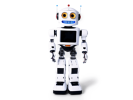 Humanoid robot standing with friendly expression isolated on transparency png
