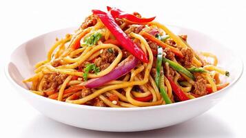 A bowl of noodles with meat and vegetables photo