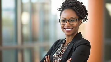 A smiling black woman with glasses and a business suit photo