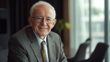 An older man in a suit and tie sitting in front of a window photo
