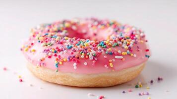 A pink doughnut with sprinkles on top photo