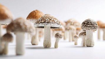 Mushrooms are shown in a group on a white background photo