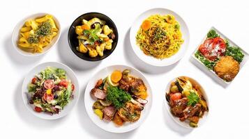 A variety of different types of food on white plates photo