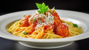 A plate of spaghetti and meatballs with parmesan cheese photo