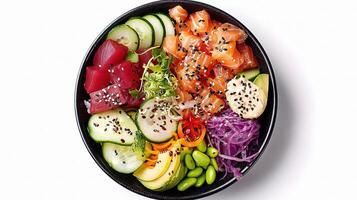 A bowl of sushi with vegetables and meat photo