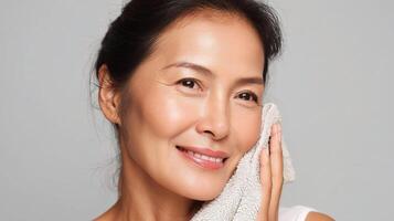 A woman is smiling while holding a towel to her face photo