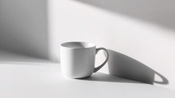 A white coffee mug on a table with a shadow photo