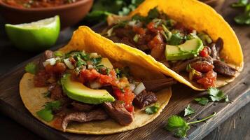 Two tacos with meat and vegetables on a wooden cutting board photo