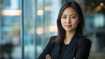 Asian business woman with arms crossed in front of glass wall photo