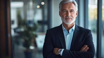A man with a gray beard and a suit is standing in an office photo