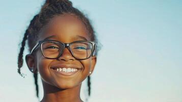 A young girl with glasses smiles at the camera photo