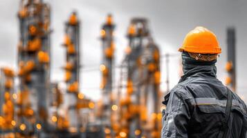 A man in a hard hat and jacket standing in front of an oil refinery photo