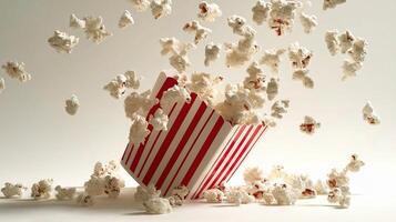 Popcorn is falling out of a red and white striped box photo