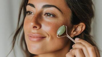 A woman is using a facial brush to clean her face photo