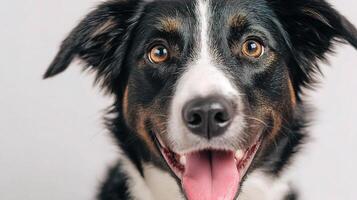 A black and white dog with its tongue out photo
