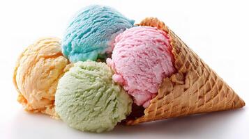 Four different colored ice cream cones are shown photo