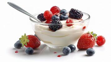 A bowl of yogurt with berries and a spoon photo