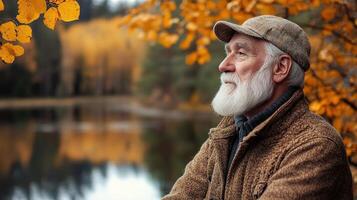 An older man with a white beard and hat looking at the water photo