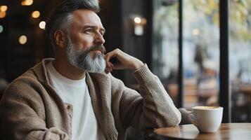 A man with a beard and a coffee cup photo