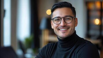 A man with glasses and a turtle neck shirt smiling photo