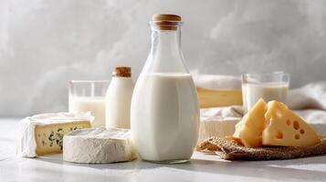 Dairy products and milk on a white table photo