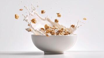 A bowl of cereal with milk splashing into it photo