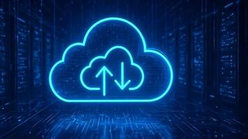 Digital Cloud Upload and Download Symbol in Futuristic Setting video