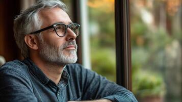 A man with glasses and a beard looking out the window photo