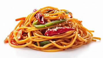 A plate of noodles with peppers and onions photo