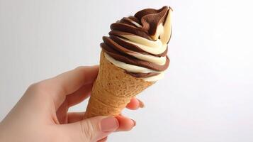 A hand holding an ice cream cone with chocolate and cream photo