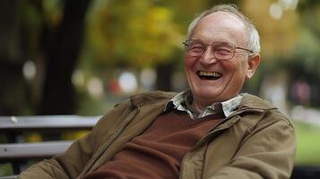 An older man is smiling while sitting on a bench photo